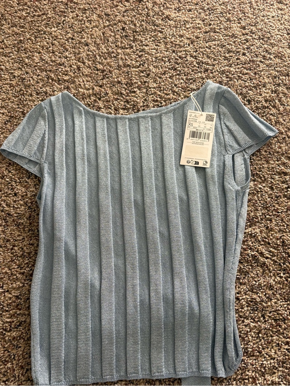 NWT Mango MNG Lurex Short Sleeve Top Blue Size XS